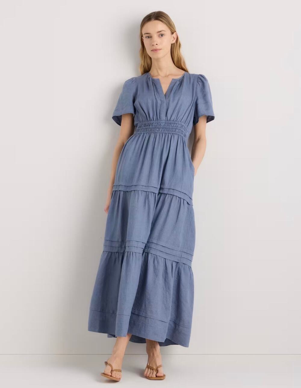 Quince 100% European Linen Blue Tiered Maxi Dress Women’s Large